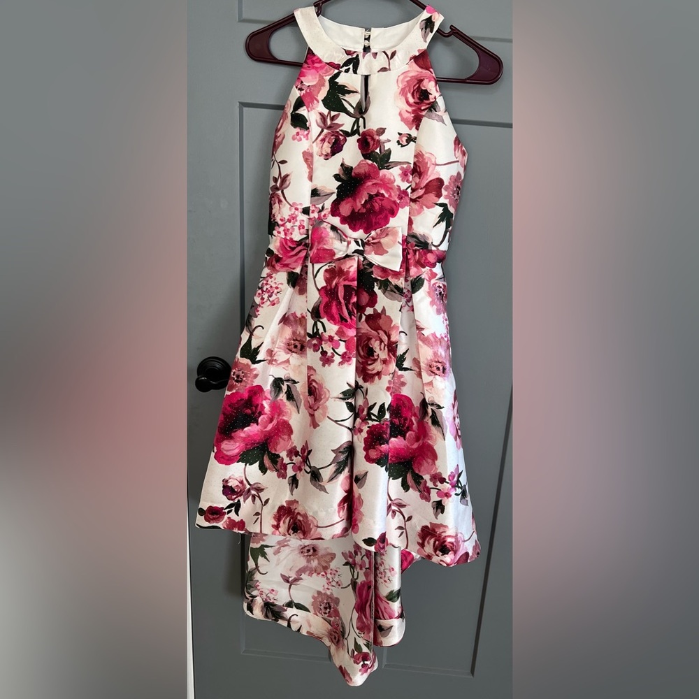 Girls' White Floral High-Low Dress with Pink Roses